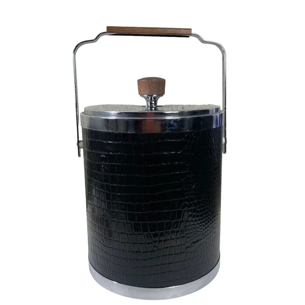 Vintage Ice Bucket Kromex Black Faux Alligator Wood Handle Chrome 9.5x8 MCM